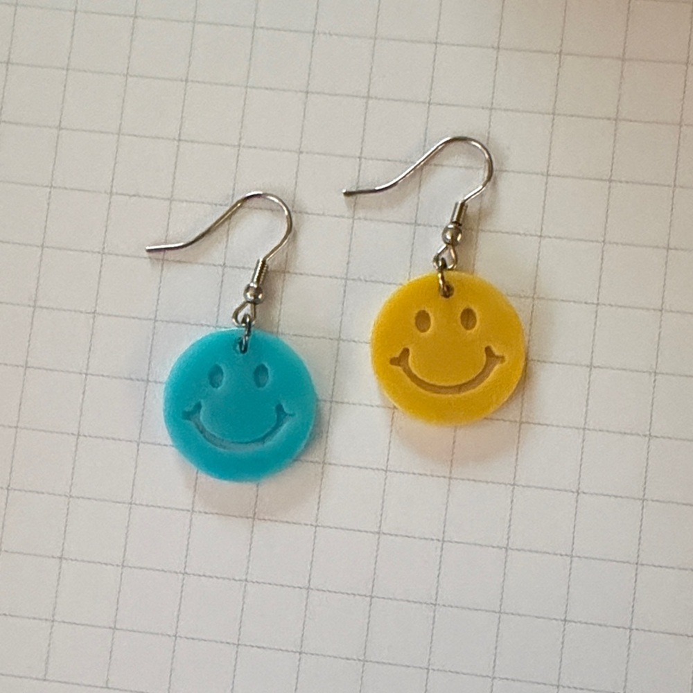 Smiley Face Dangle Earrings — Teal & Yellow